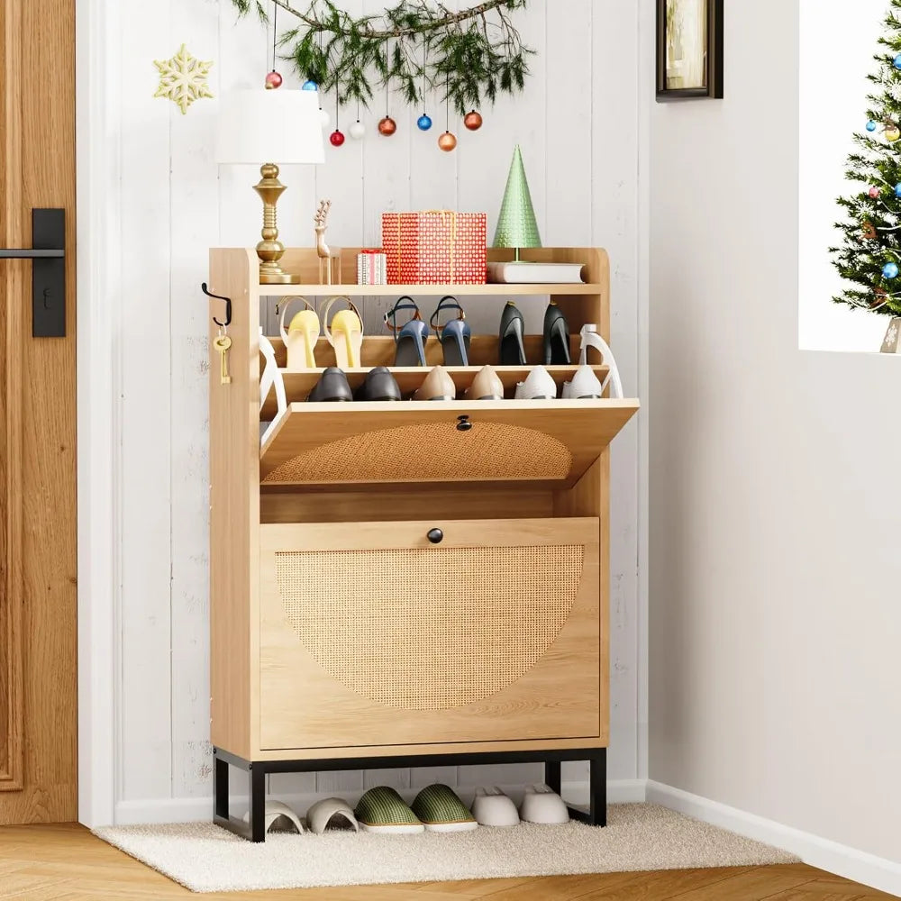 Shoes cabinet.Shoe Cabinet with 2 Flip Drawers, Natural Rattan Freestanding Shoe Cabinet Storage for Entryway, Slim Shoes