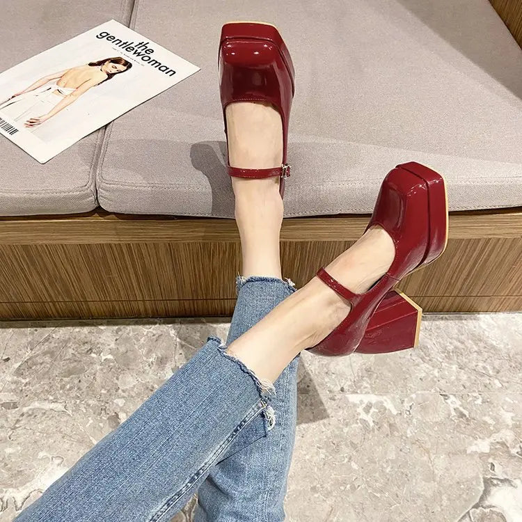 Platform Pumps Women's 2023 Square Toe Thick Heels Mary Janes Women's Patent High Heels Party Shoes Square Toe Square Heel