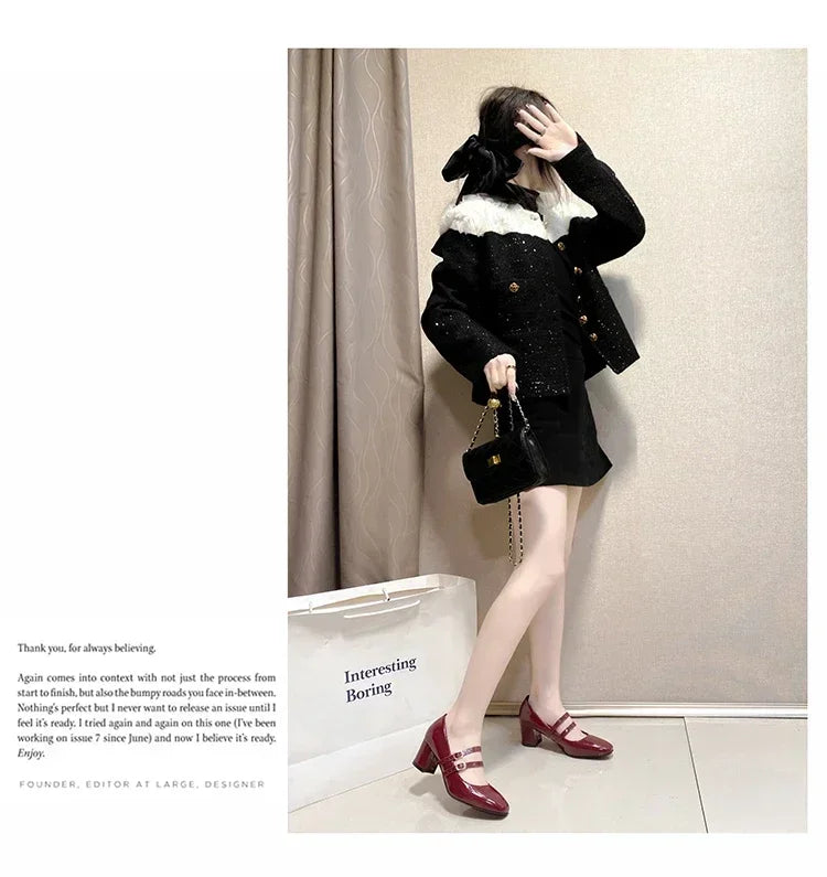 2025 Spring Autumn Women Double Buckle Mary Janes Shoes Patent Leather Dress Square Head Square Heel Solid Color Women's Shoes