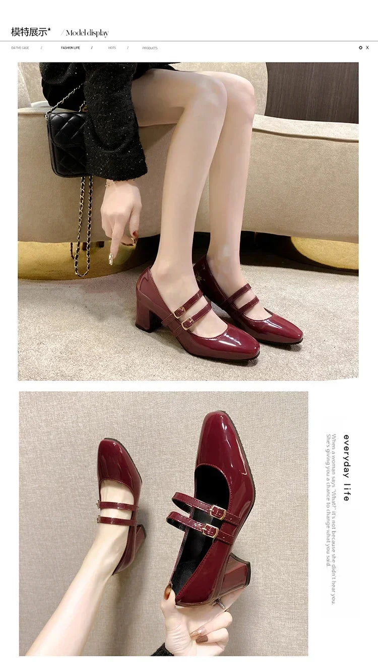 2025 Spring Autumn Women Double Buckle Mary Janes Shoes Patent Leather Dress Square Head Square Heel Solid Color Women's Shoes