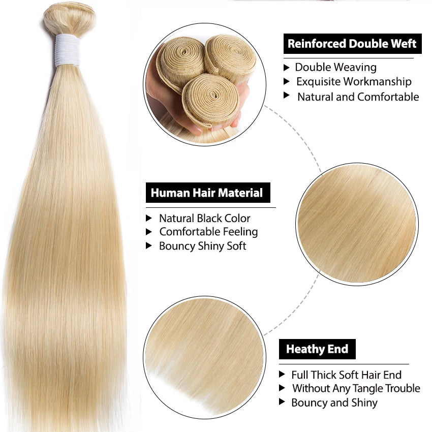 Blonde Human Hair Bundles 100g/pc 613 Bundles Human Hair Straight Blonde Hair Weave Bundles for Women Double Weft Remy Hair Weft