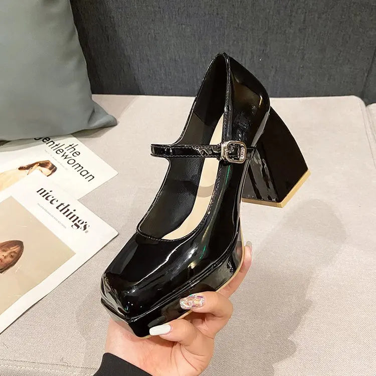 Platform Pumps Women's 2023 Square Toe Thick Heels Mary Janes Women's Patent High Heels Party Shoes Square Toe Square Heel