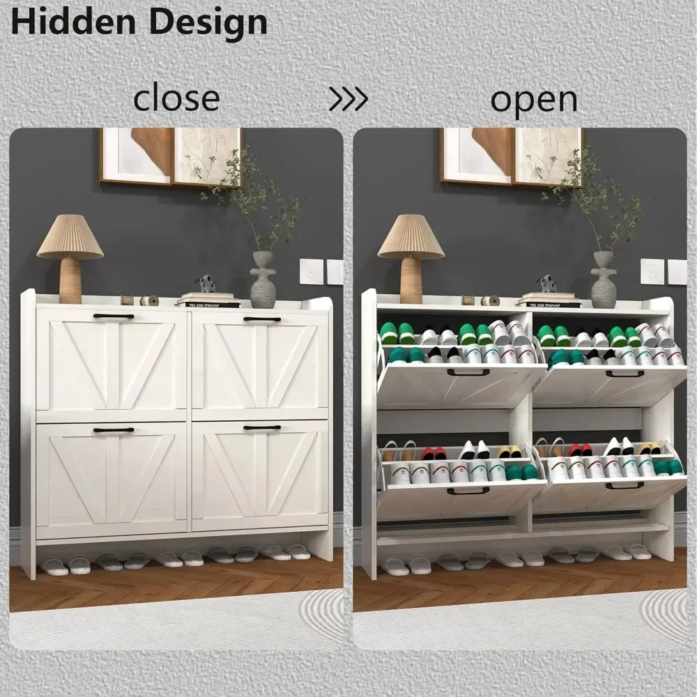 Shoe Cabinet with 4 Flip Drawers, Shoe Storage Cabinet for Entryway, Freestanding Hidden Shoe Cabinet Organizer, Oak White