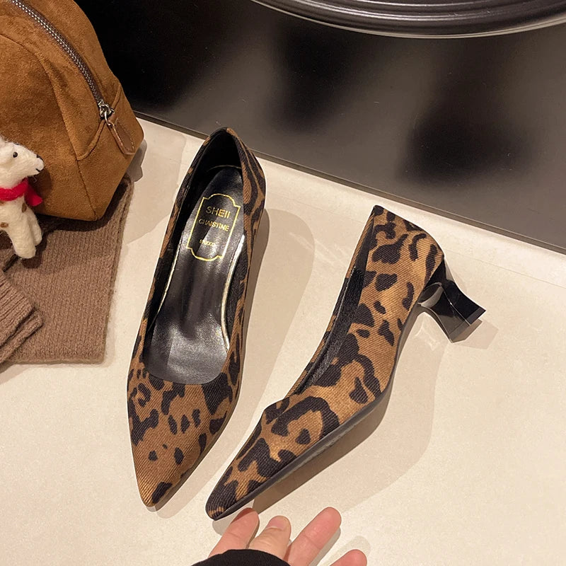 Leopard Print Women High Heel Shoes Fashion Pointed Toe Shallow Shoes Party Dress Ladies Pumps Shoes