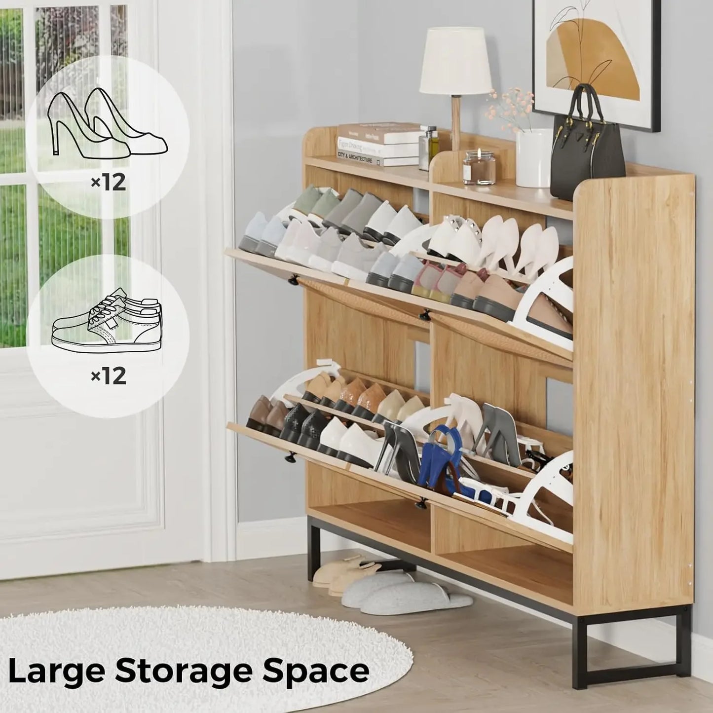 Shoe Cabinet with 2 Handmade Natural Rattan Flip Drawers, Entryway Shoe Rack Storage Organizer for Sneakers, Slippers