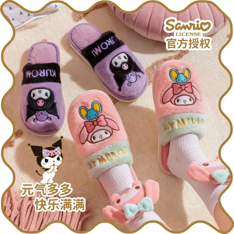 Genuine Sanrio Hello Kitty Plush Slippers Kuromi My Melody Warm Winter Indoor Slippers Flat Casual Non-slip Girl Home Shoes