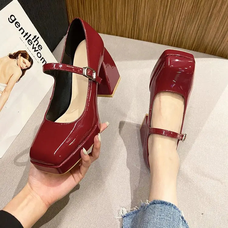Platform Pumps Women's 2023 Square Toe Thick Heels Mary Janes Women's Patent High Heels Party Shoes Square Toe Square Heel
