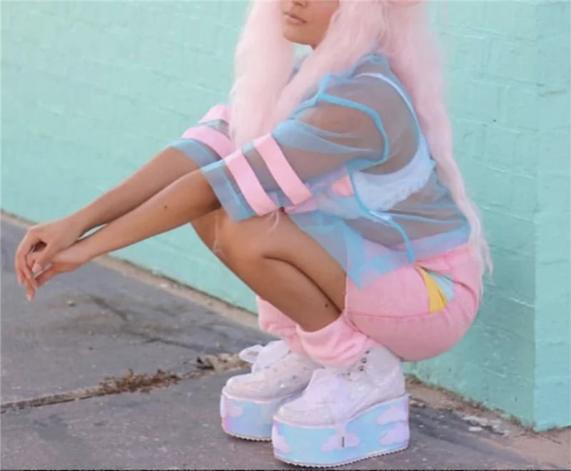 Colorful clouds Platform Shoes For Woman Punk Style Lace-up High Heel Wedges Shoes Sweet Women Ankle Boots For Mujer Shoes 2025
