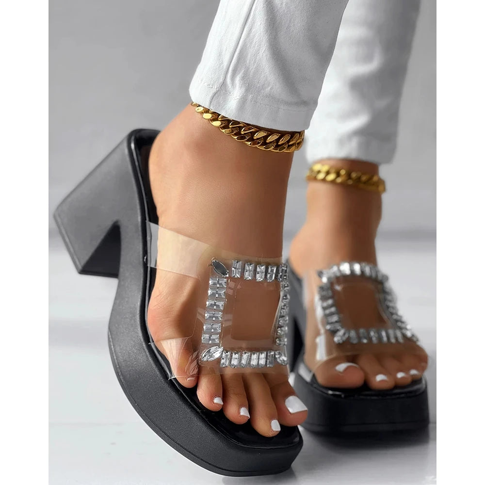 Sandals Women Clear Strap Chunky Heeled Sandals Women Platform Wedges High Heels Shoes Flip Flops Beach Slippers Dress Crystal