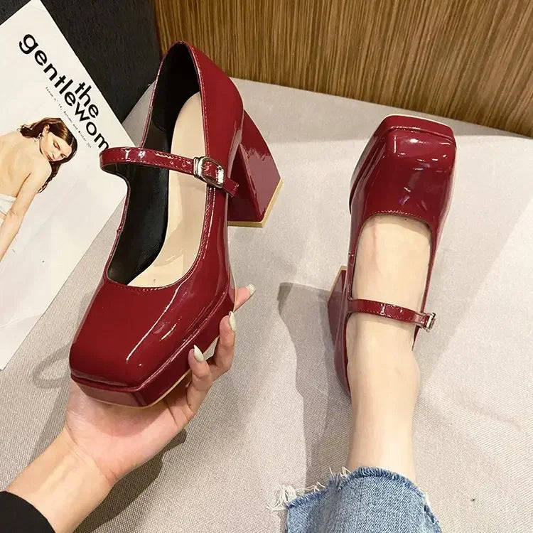 Platform Pumps Women's 2023 Square Toe Thick Heels Mary Janes Women's Patent High Heels Party Shoes Square Toe Square Heel