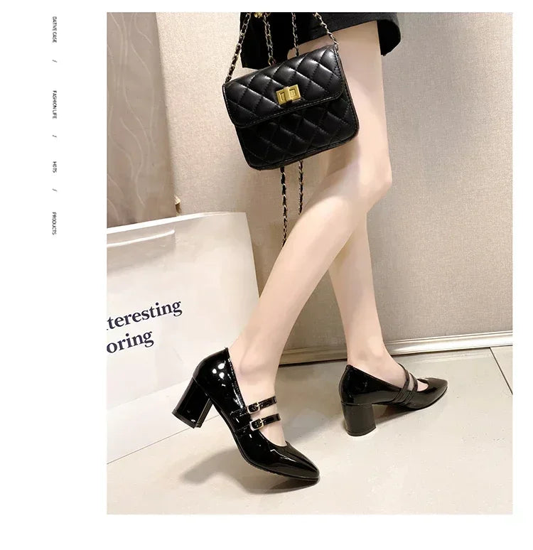 2025 Spring Autumn Women Double Buckle Mary Janes Shoes Patent Leather Dress Square Head Square Heel Solid Color Women's Shoes