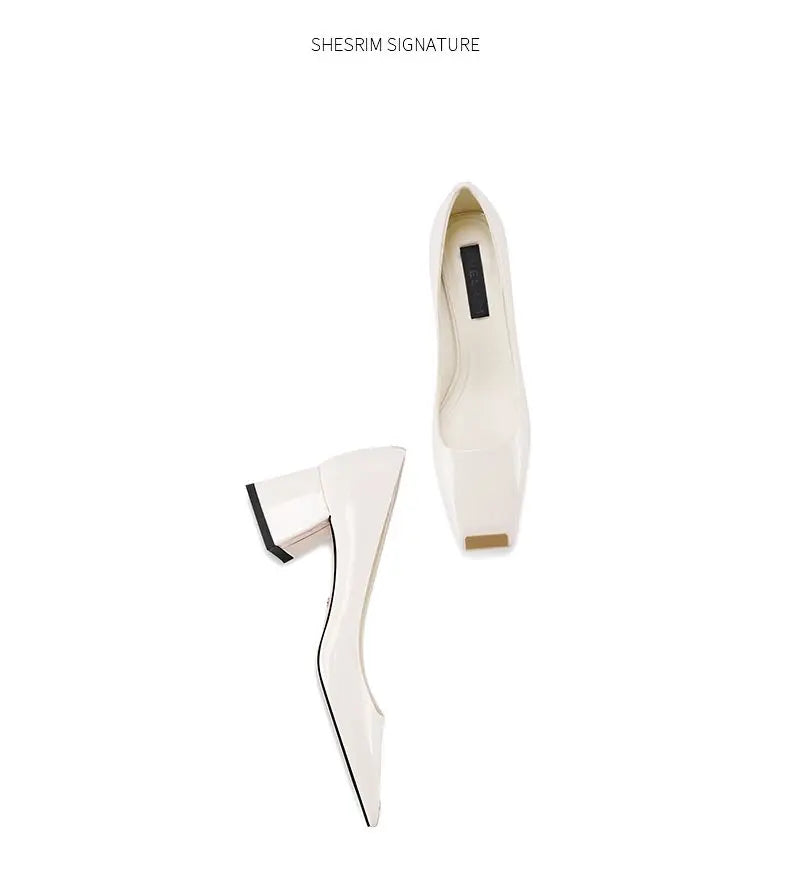 2025 new spring ladies pumps chunky heels leather square head shallow mouth with fashion comfortable commuter work women's shoes