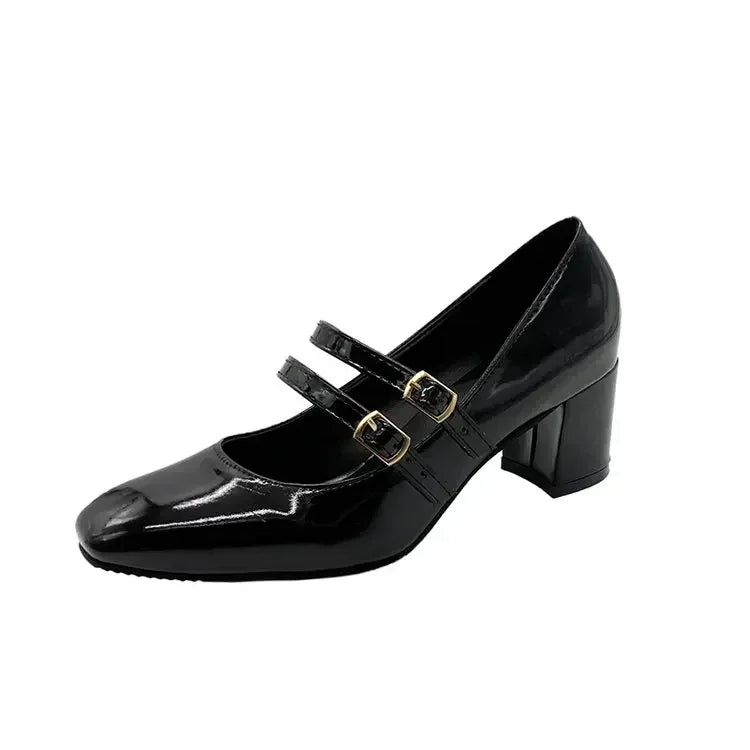 2025 Spring Autumn Women Double Buckle Mary Janes Shoes Patent Leather Dress Square Head Square Heel Solid Color Women's Shoes