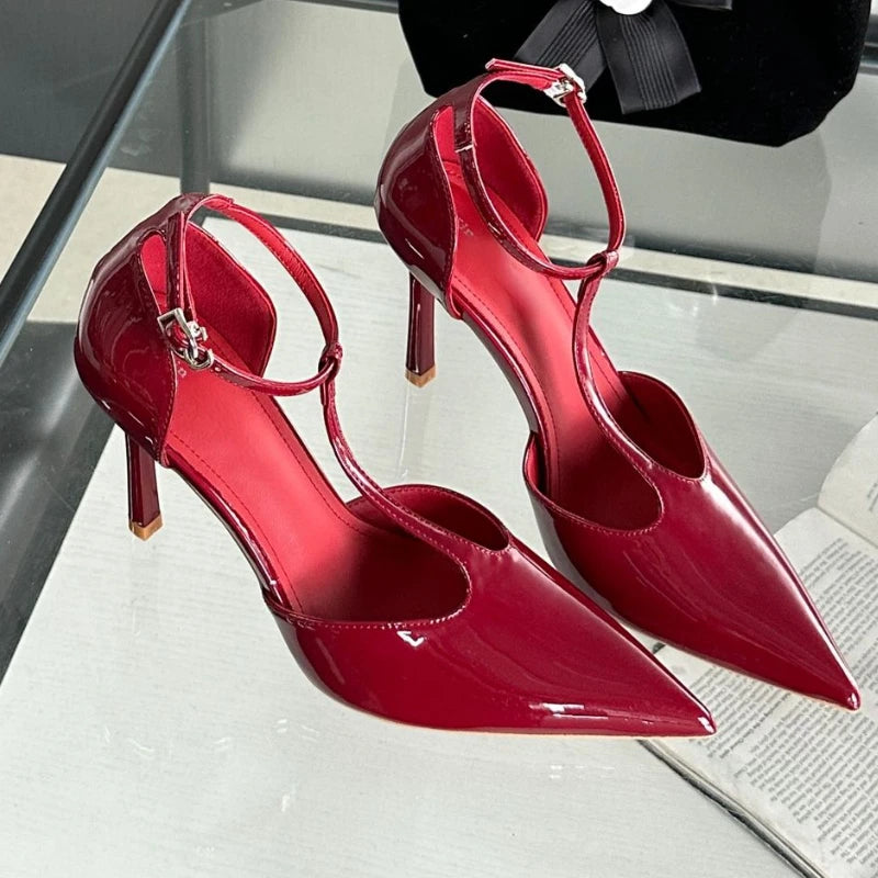 Sexy Red High Heels Women Pointed Toe Party Dress Shoes T-Strap Patent Leather Elegant Slingback Thin Heels Female Sandals Women