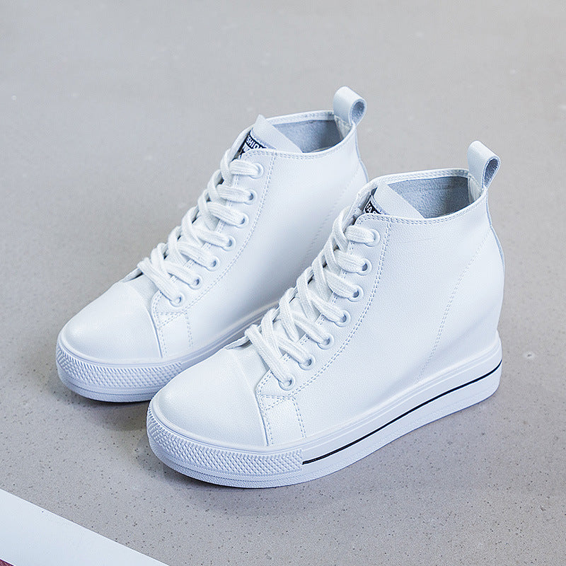 2025 Genuine Leather Shoes New Autumn Winter Lace-up High-top Women Sneaker Shoes High Heels Increase Within Wedges Casual Shoes