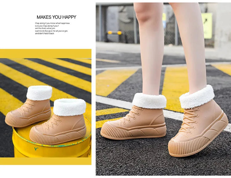 2025 New plush galoshes waterproof rain boots women's rubber platform shoes for lady ankle wide toe rainboots water shoes woman
