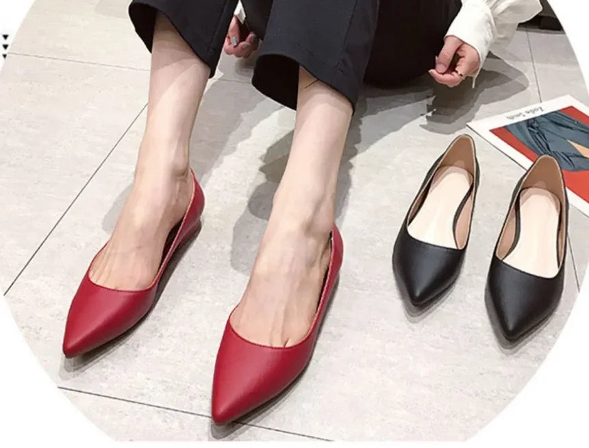 Woman Closed Back Snug Shoes Low Heels 2cm Null Pumps Pointy Toe Slip-On Red Black Beige Narrow Feet Seam Mocasines 34-43 25cm