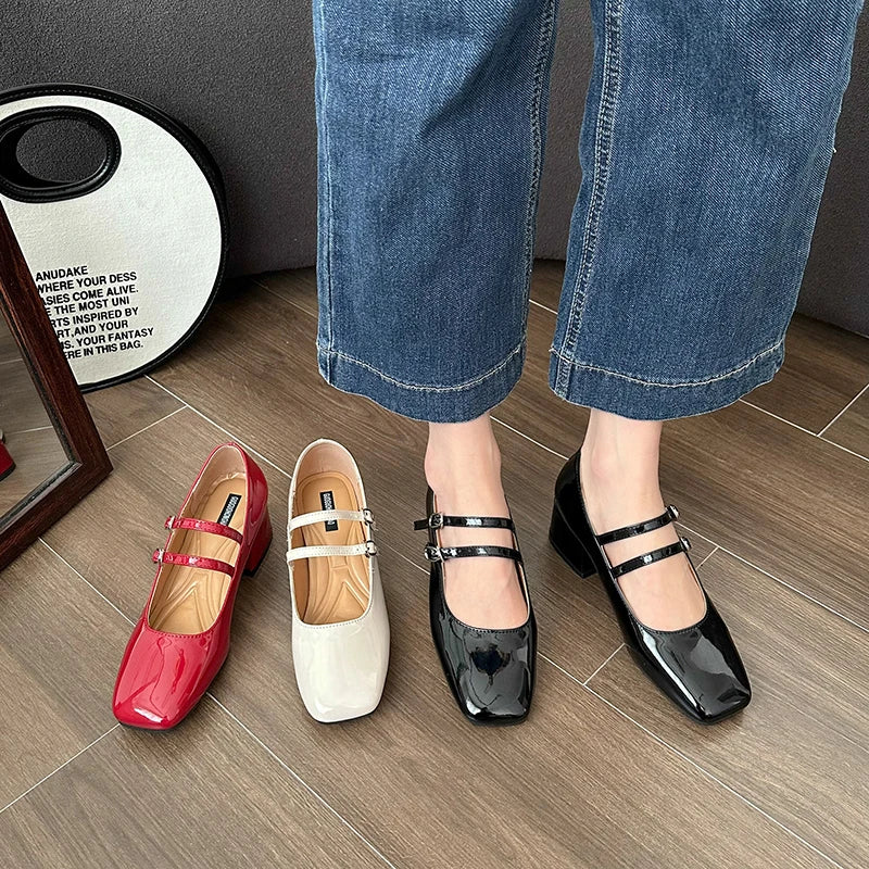 Square Toe Women Mary Jane Shoes Ladies Fashion Shallow Thick High Heel Women's Elegant Red Ballerinas Party Shoes