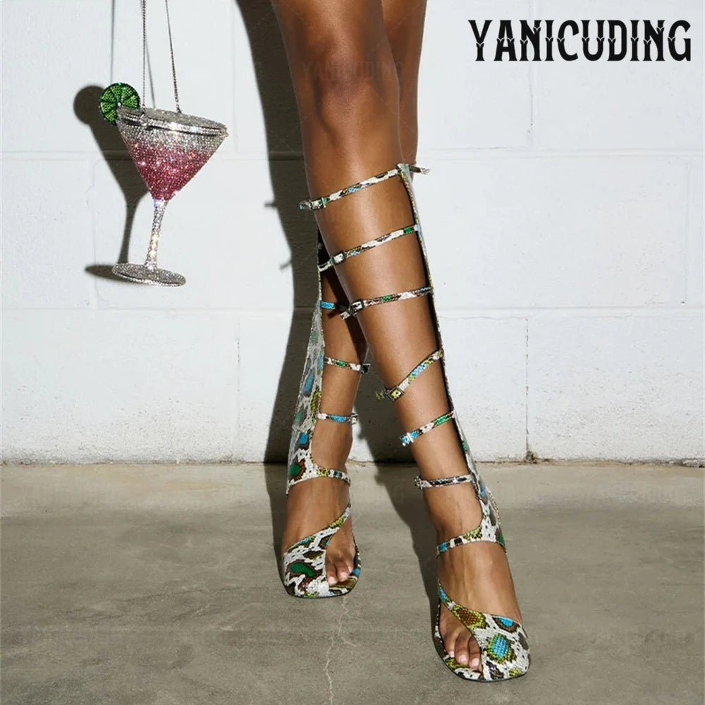 Uniquely Curved Heel Sandal Boots Asymmetrical Novelty Gladiator Sandals Faux Glossy Snakeskin Knee-High Women Boots for Summer