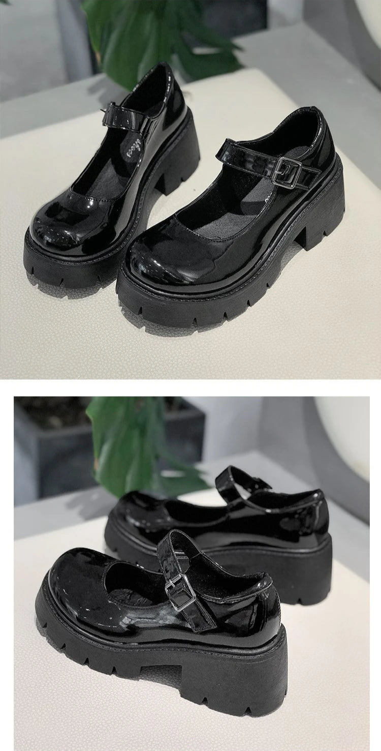 Patent Leather High Heels Mary Jane Shoes Women Japanese Style Ankle Platform Pumps Woman Buckle Jk Uniform Lolita Shoes