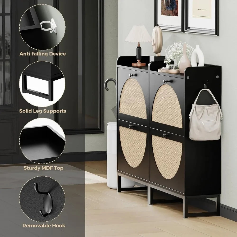 Shoe Cabinet with 2 Handmade Natural Rattan Flip Drawers, Entryway Shoe Rack Storage Organizer for Sneakers, Slippers