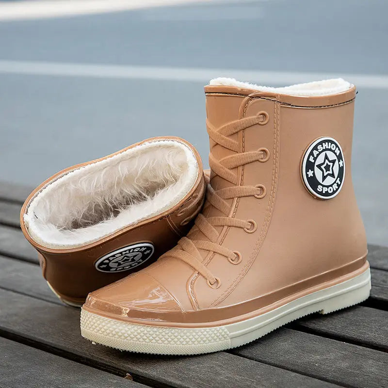 2025 New plush galoshes waterproof rain boots women's rubber platform shoes for lady ankle wide toe rainboots water shoes woman