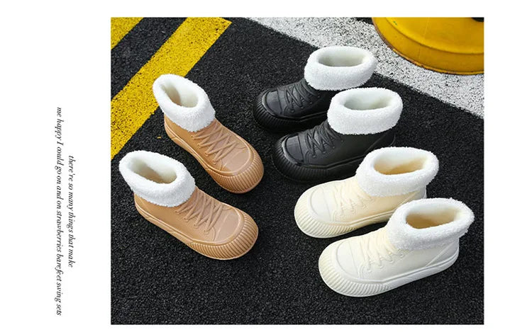 2025 New plush galoshes waterproof rain boots women's rubber platform shoes for lady ankle wide toe rainboots water shoes woman