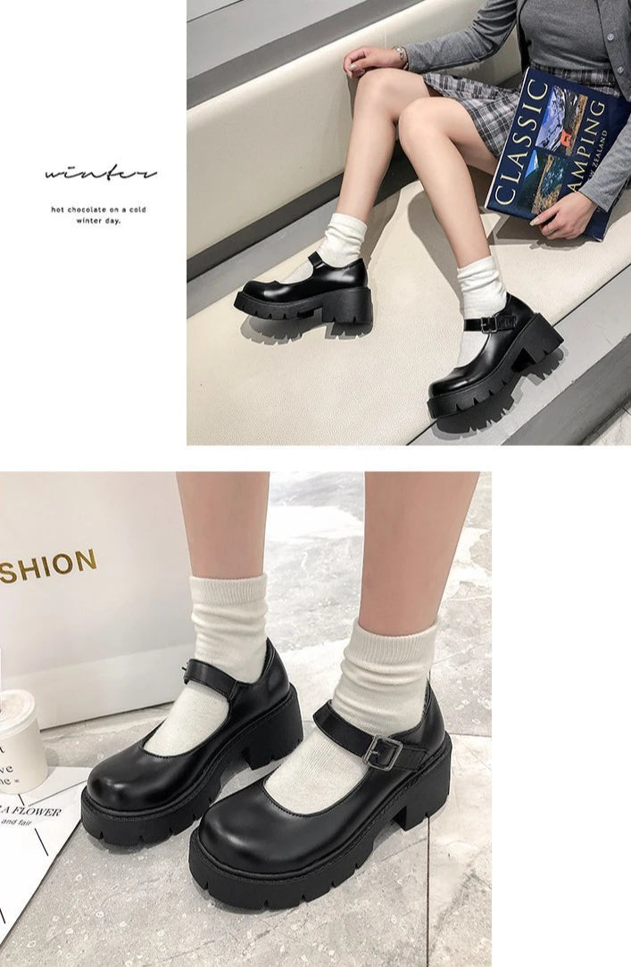 Patent Leather High Heels Mary Jane Shoes Women Japanese Style Ankle Platform Pumps Woman Buckle Jk Uniform Lolita Shoes