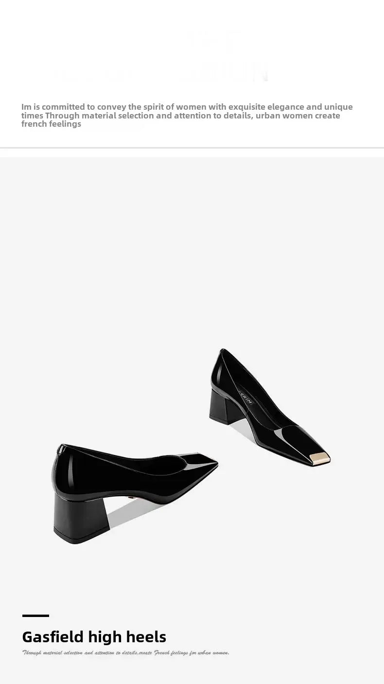 2025 new spring ladies pumps chunky heels leather square head shallow mouth with fashion comfortable commuter work women's shoes