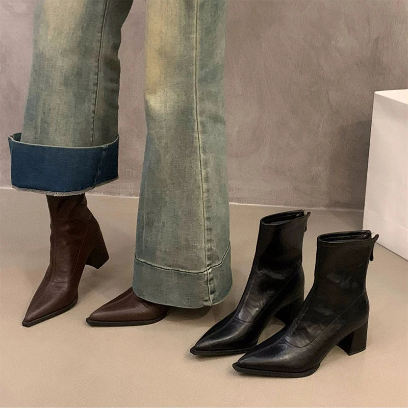 Designer Vintage Women Ankle Boots Fashion Pointed Toe Short Booties Elegant High Heels Shoes Botas Mujer