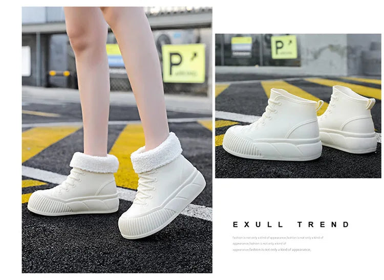 2025 New plush galoshes waterproof rain boots women's rubber platform shoes for lady ankle wide toe rainboots water shoes woman