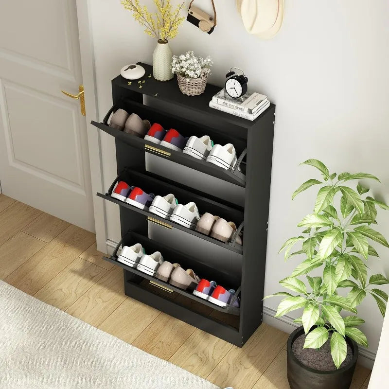 Shoe Cabinet with 2 Flip Drawers - Narrow Shoes Storage for Entryway, Freestanding Hidden