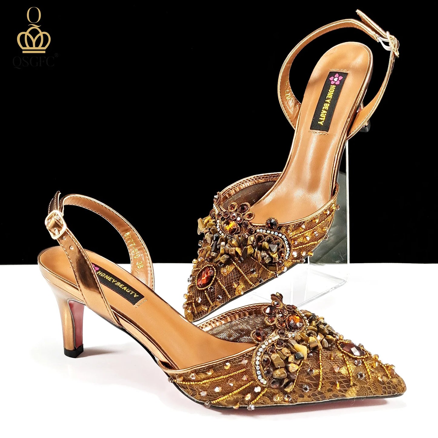 QSGFC Nigerian Style Elegant Women Heels Shoes And Bag Set Rhinestone with Coral Shoes Wedding Party