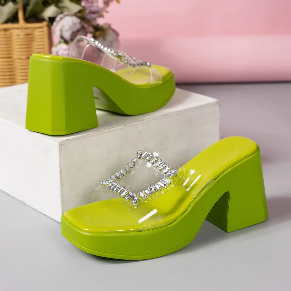 Sandals Women Clear Strap Chunky Heeled Sandals Women Platform Wedges High Heels Shoes Flip Flops Beach Slippers Dress Crystal