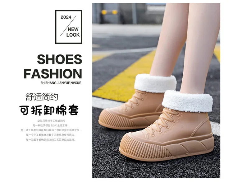 2025 New plush galoshes waterproof rain boots women's rubber platform shoes for lady ankle wide toe rainboots water shoes woman