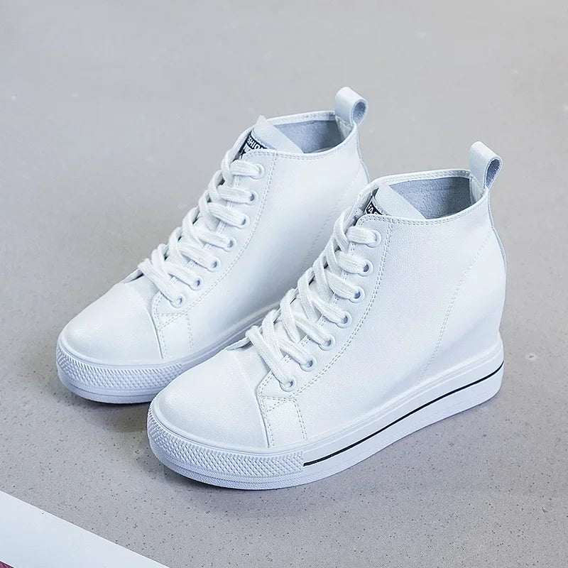 2025 Genuine Leather Shoes New Autumn Winter Lace-up High-top Women Sneaker Shoes High Heels Increase Within Wedges Casual Shoes