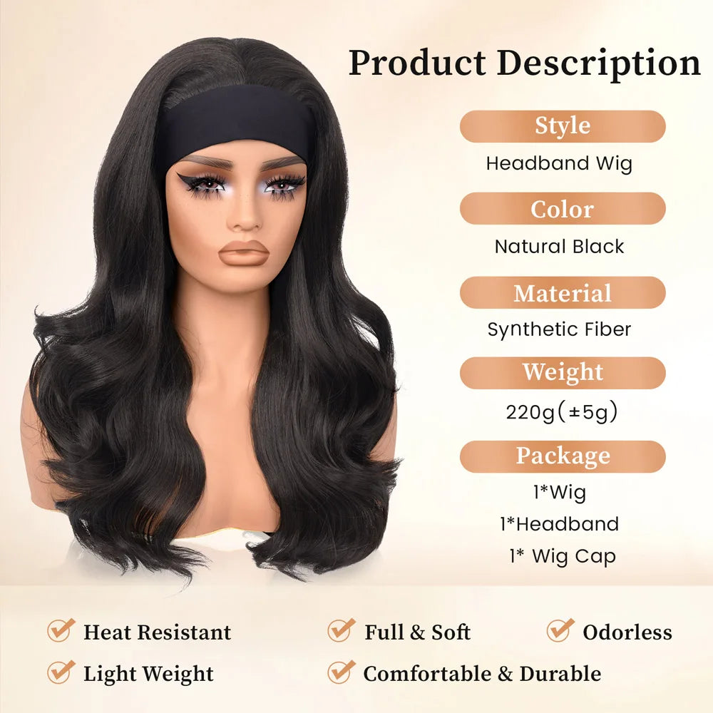 Natural Black Yaki Body Wave Headband Wigs for Black Women 20 Inch Wear & Go Glueless Body Wave Synthetic Hair Wig with Headband