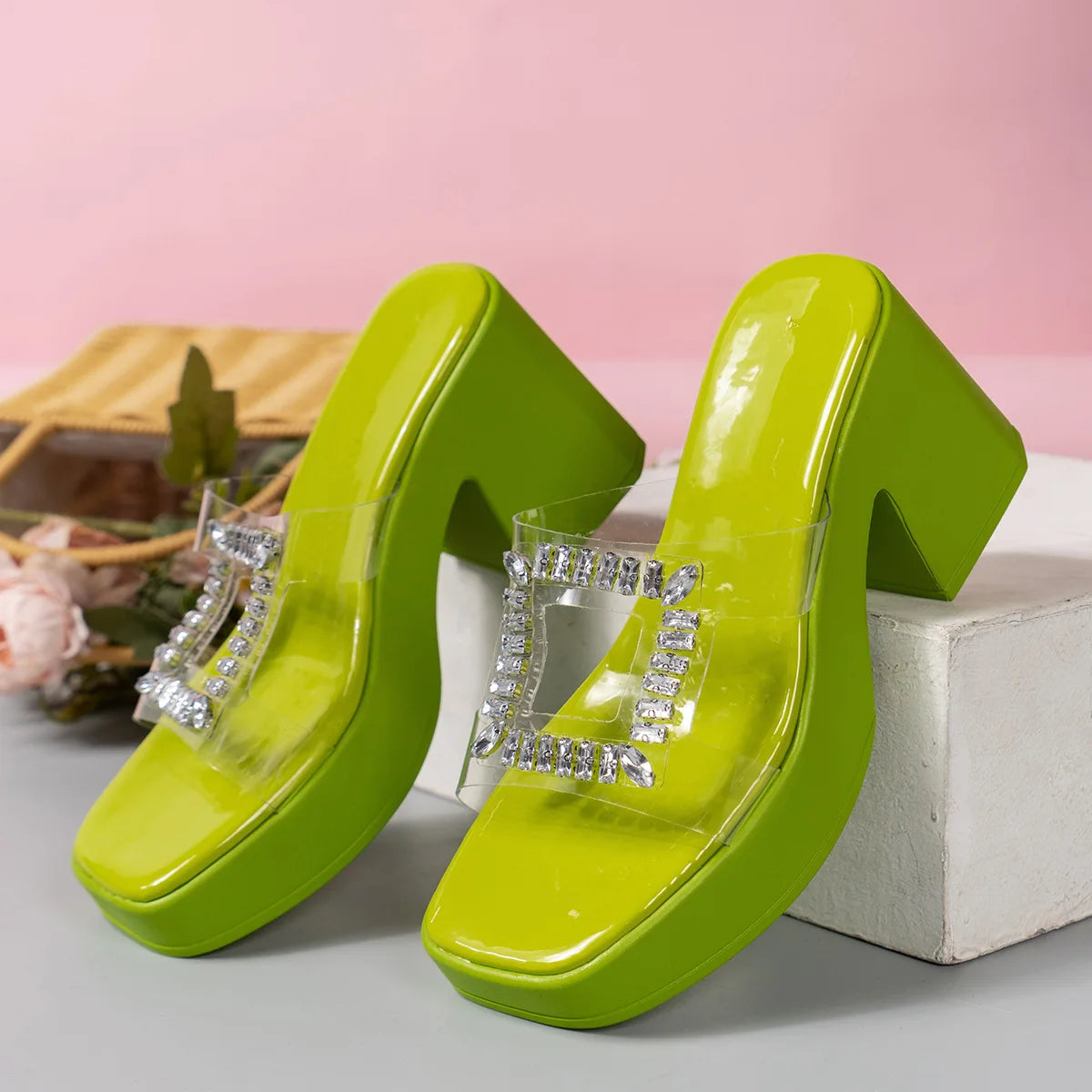 Sandals Women Clear Strap Chunky Heeled Sandals Women Platform Wedges High Heels Shoes Flip Flops Beach Slippers Dress Crystal