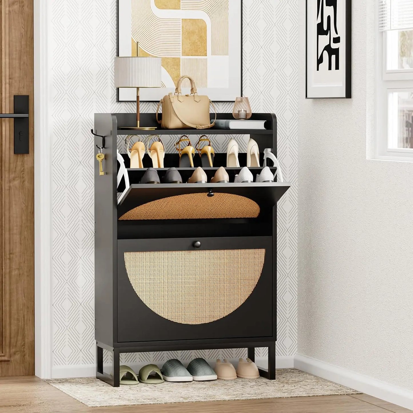 Shoes cabinet.Shoe Cabinet with 2 Flip Drawers, Natural Rattan Freestanding Shoe Cabinet Storage for Entryway, Slim Shoes