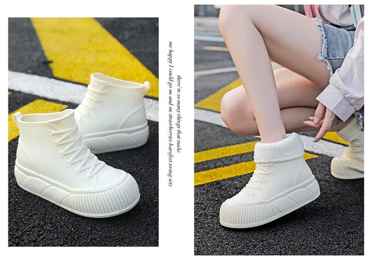 2025 New plush galoshes waterproof rain boots women's rubber platform shoes for lady ankle wide toe rainboots water shoes woman