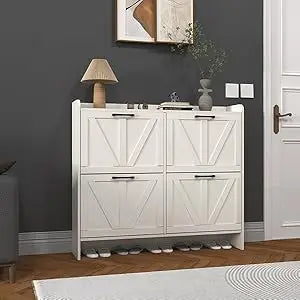 Shoe Cabinet with 4 Flip Drawers, Shoe Storage Cabinet for Entryway, Freestanding Hidden Shoe Cabinet Organizer, Oak White