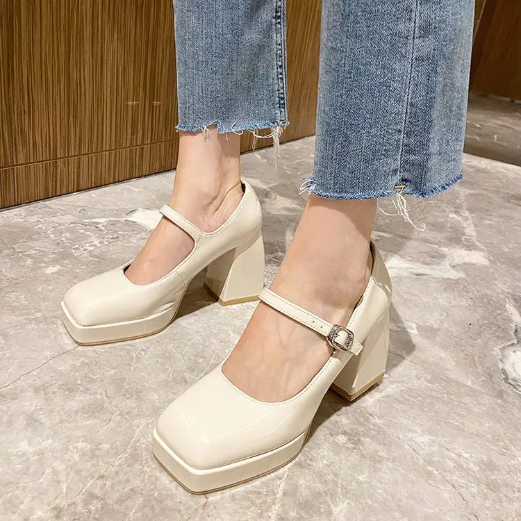 Platform Pumps Women's 2023 Square Toe Thick Heels Mary Janes Women's Patent High Heels Party Shoes Square Toe Square Heel