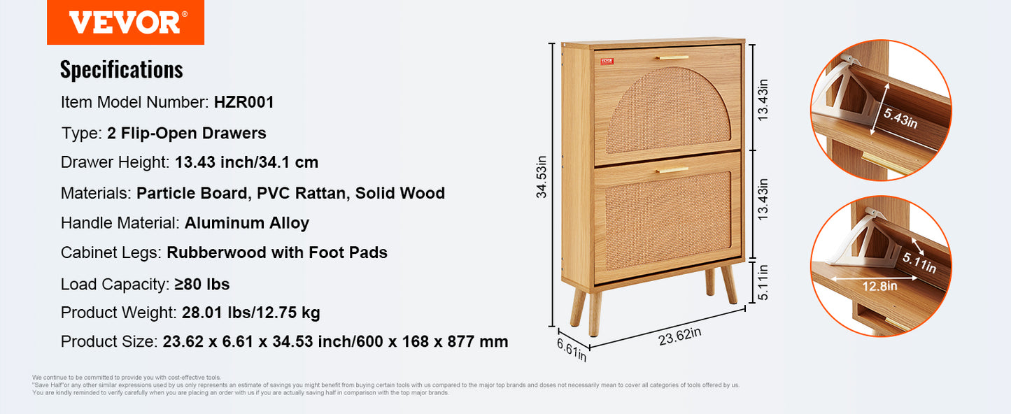 VEVOR Shoe Cabinet with 2/3 Flip Drawers Shoe Storage Cabinet for Entryway Free Standing Shoe Storage Organizer for Heels Boots