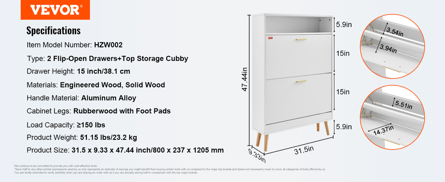 VEVOR Shoe Cabinet with 2/3 Flip Drawers Shoe Storage Cabinet for Entryway Free Standing Shoe Storage Organizer for Heels Boots