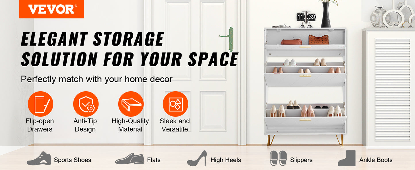 VEVOR Shoe Cabinet with 2/3 Flip Drawers Shoe Storage Cabinet for Entryway Free Standing Shoe Storage Organizer for Heels Boots