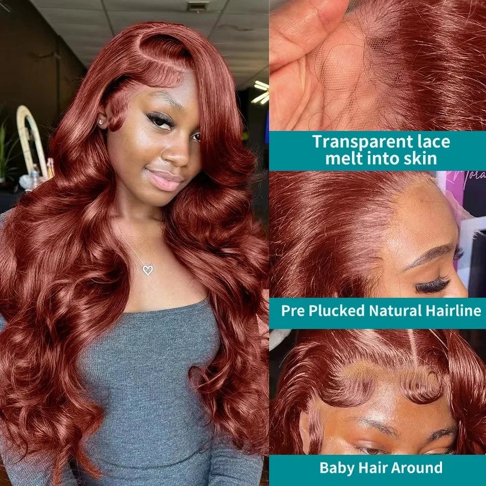 Mossily 250 Density Reddish Brown Body Wave 13x4 HD Lace Frontal Human Hair Wig Water Wave Pre Plucked 13x6 Lace Frontal Wigs