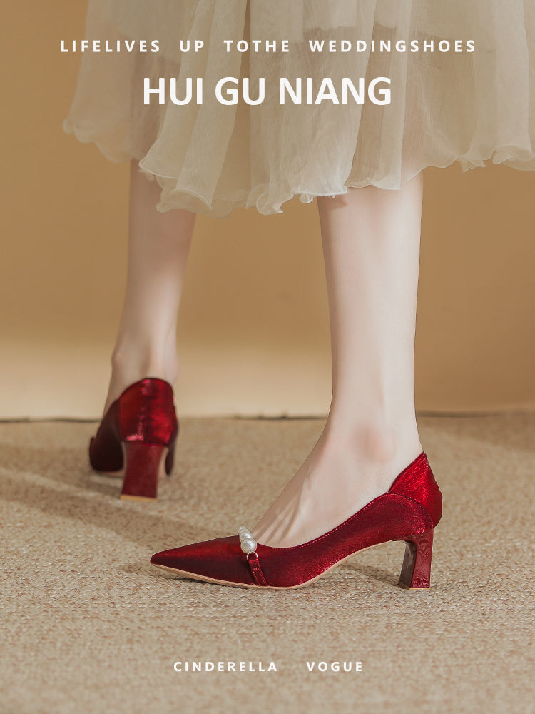 Wedding Shoes Hexiu Wedding Dress Two-Way Chunky Heel 2023 New Arrival Fancy Red Bridal High Heels Wedding Not Tired Feet