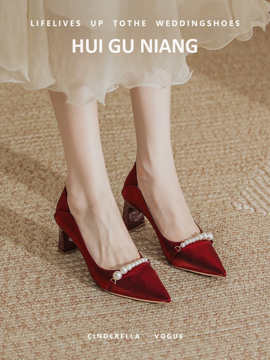 Wedding Shoes Hexiu Wedding Dress Two-Way Chunky Heel 2023 New Arrival Fancy Red Bridal High Heels Wedding Not Tired Feet