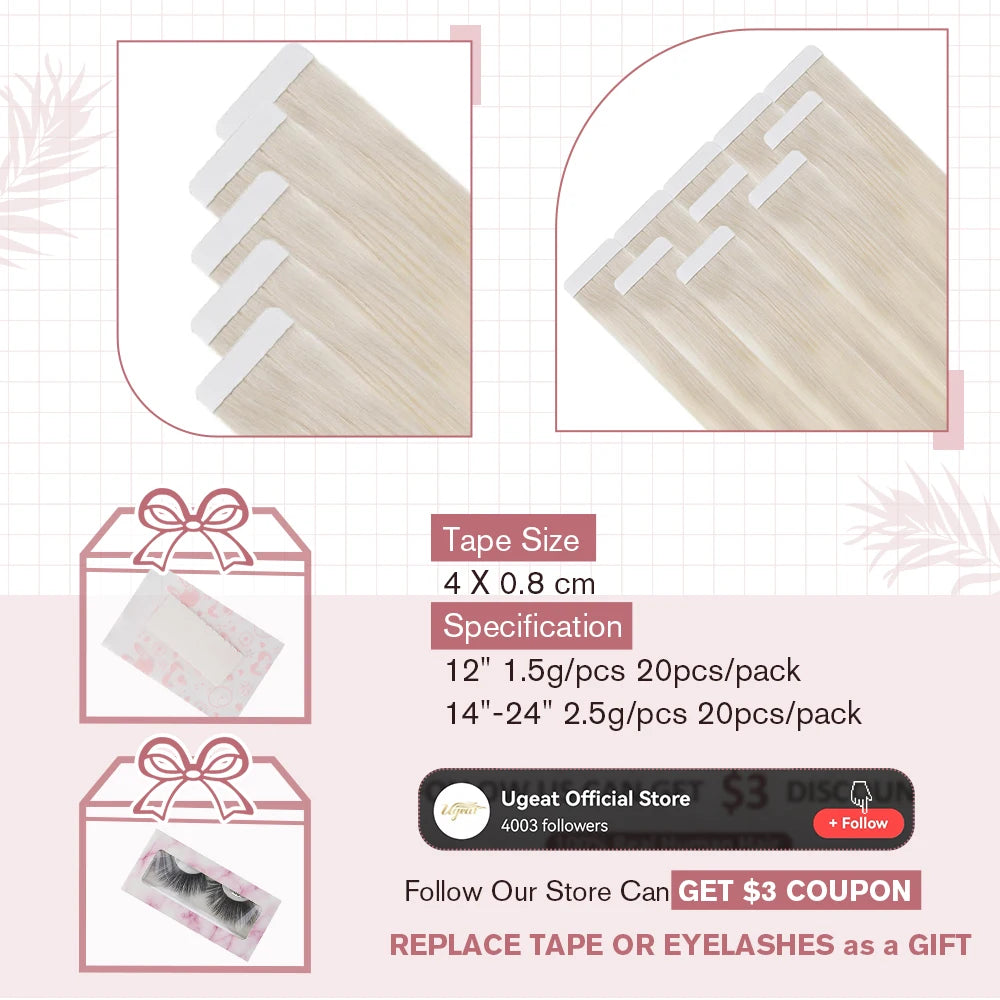 Ugeat Tape in Hair Extensions Human Hair Blonde Remy Tape in Extensions for Women Platinum Blonde Invisible Human Hair