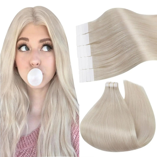 Ugeat Tape in Hair Extensions Human Hair Blonde Remy Tape in Extensions for Women Platinum Blonde Invisible Human Hair